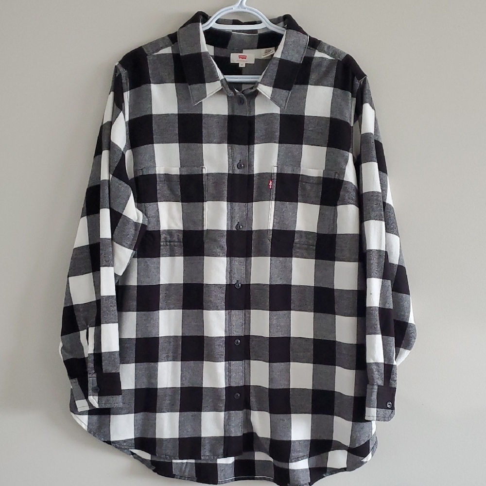 Levi's Checkered Plaid Men's Cotton Flannel Black And White Shirt Sz 2X